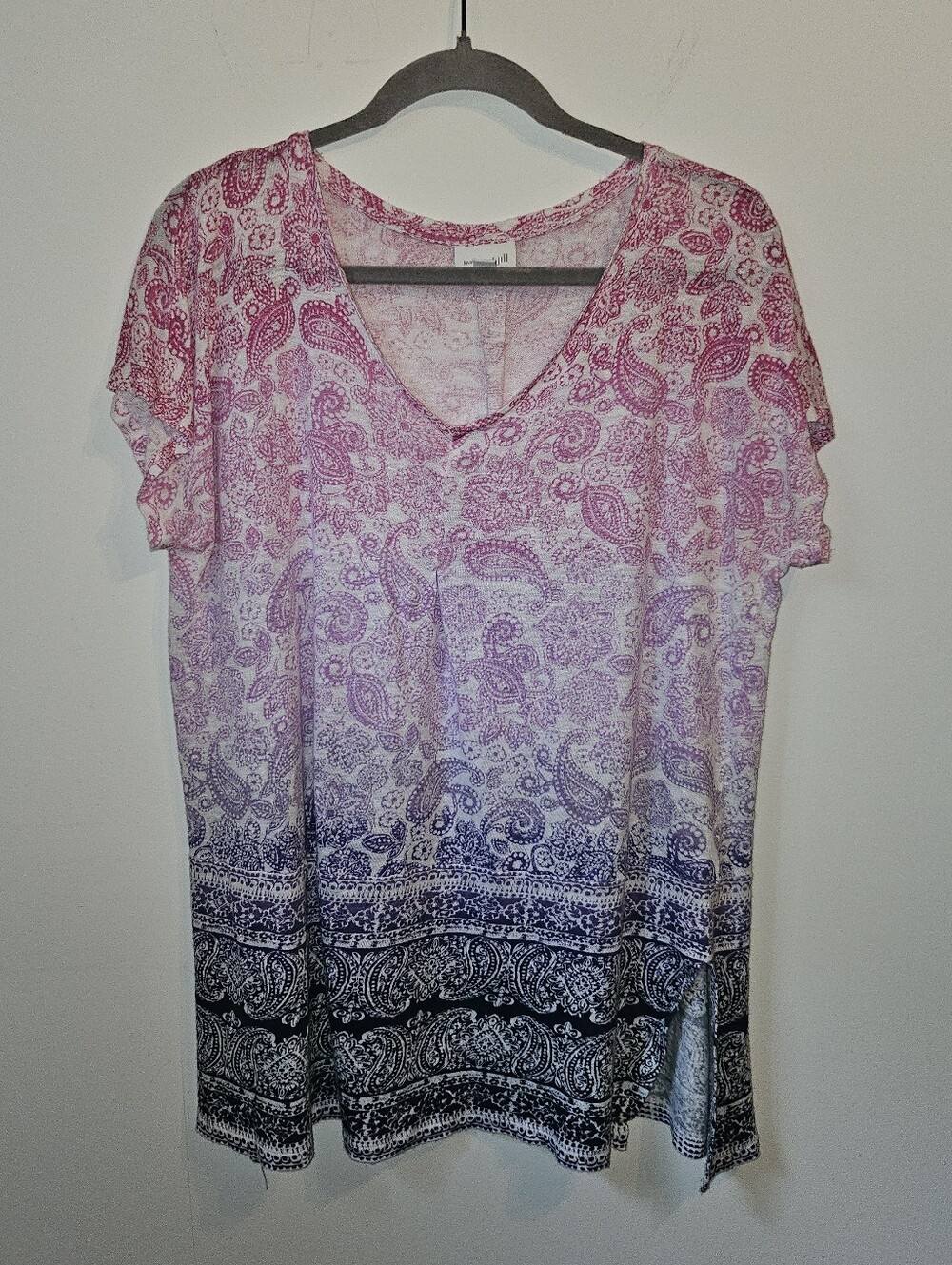 J.Jill Linen Tunic Short Sleeve Paisley Ombre Pink Purple Large